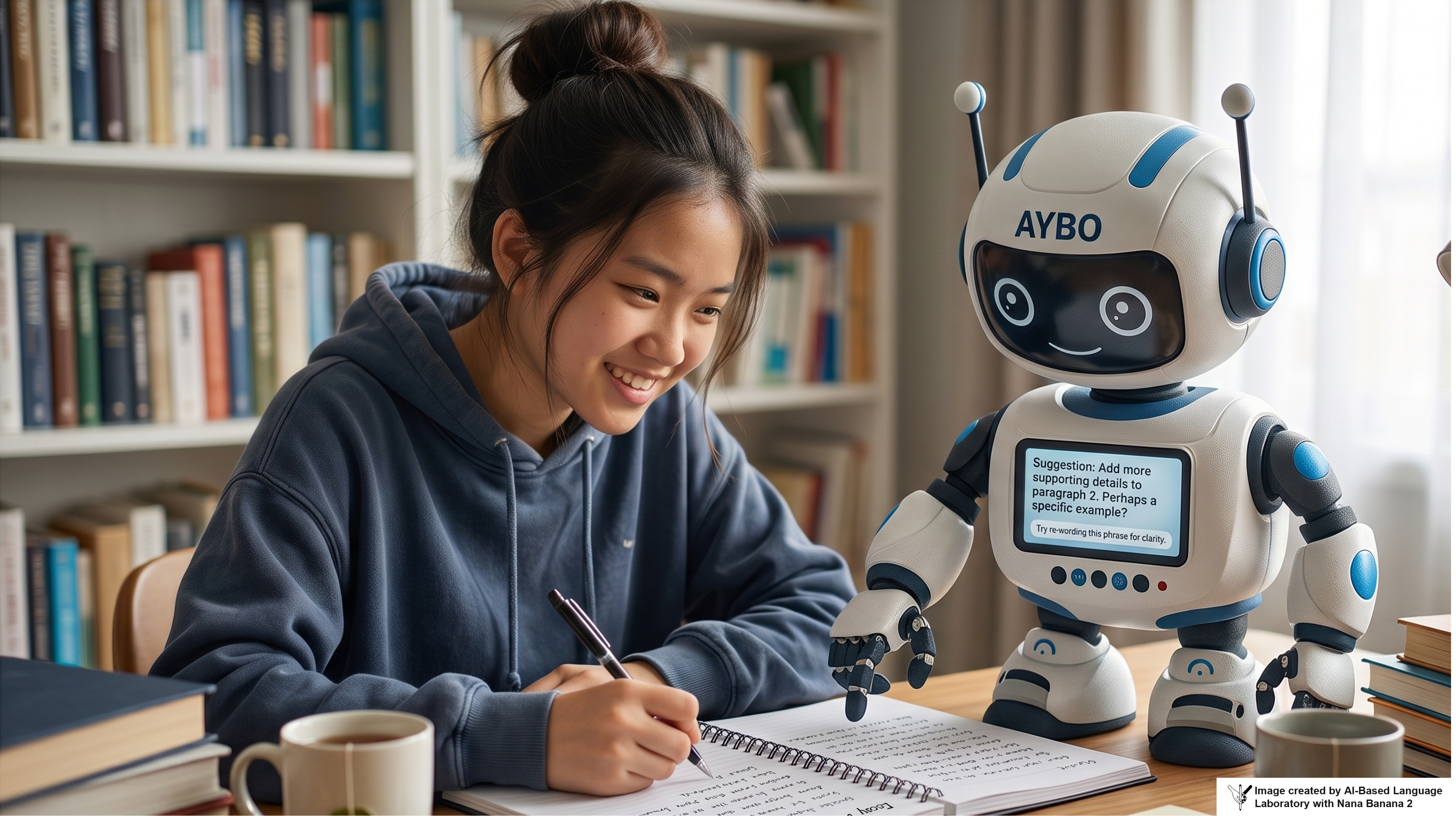Aybo coaching a student as she writes